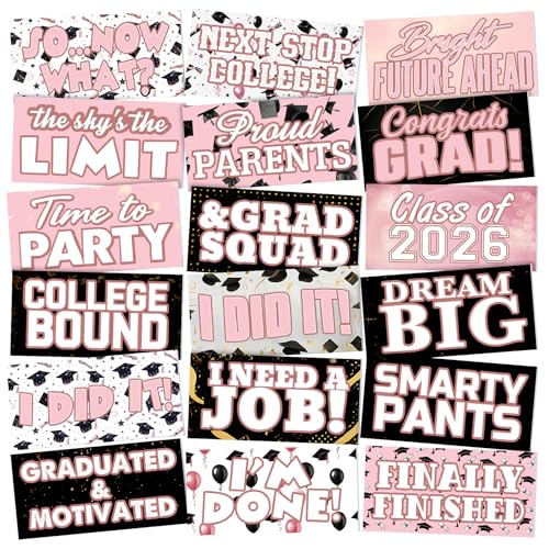 Beeveer 24 Designs Pink Graduation Photo Booth Props Double Sided 11x5.51'' Pink and Black Graduation Decoration 2026 Picture Props for Photoshoot Waterproof Selfie Signs PVC for Prom Party Supplies - color: Black Pink, style: Black Pink Graduation