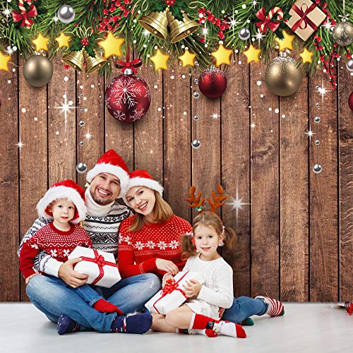 Blulu Christmas Backdrop for Photography - Fabric Wood Pattern Background with Pine Tree & Ornaments - Merry Xmas Photo Background, 72.8 x 43.3 Inch