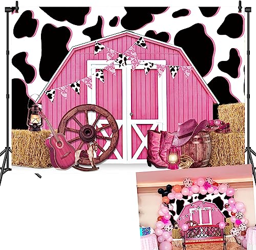 7x5ft Cowgirl Backdrop Cow Print Backdrops Pink Barn Background Straw Barn Door Wood Background Western Country Farm Women Birthday Party Photo Booth Prop - size: 210x150cm(WxL)