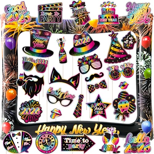 2026 New Year Photo Booth Inflatable Frame Kit, 30Pcs Fluorescent Color New Years Photo Booth Props with Inflatable Picture Frame for New Year Eve Party Selfie Props Supplies - color: Fluorescent Color