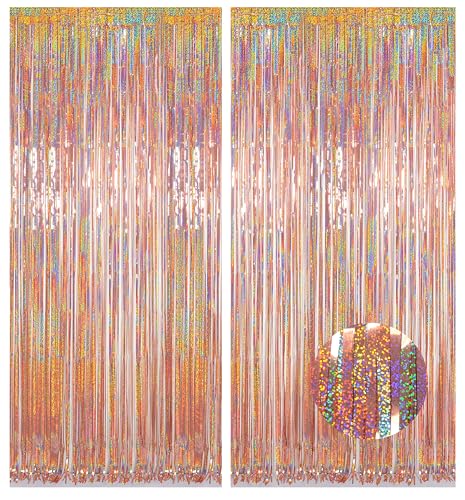 Photo Backdrop for Mothers Day Decorations, Melsan Rose Gold Tinsel Backdrop 2 Pack, Sparkle Foil Fringe Curtains for Rose Gold Birthday Decorations, 3.2 ft x 8.2 ft - color: Rose Gold