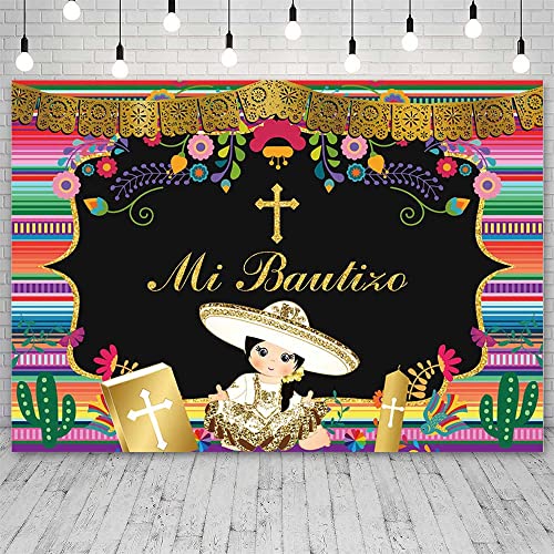 AIBIIN 7x5ft Mi Bautizo Backdrop for Girls Mexican Baptism Party Decorations God Bless First Holy Communion Photography Background Mexican Fiesta Cactus Photo Props - color: Girl