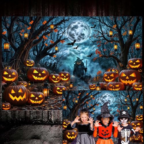 Halloween Misty Dark Forest Backdrop, Moon Night Creepy Scene Dark Pathway Pumpkin Bats Woods Photography Background, Ghost Themed Birthday Party Banner Decor Witch Photo Props 5X3FT - color: Black, size: 5X3FT