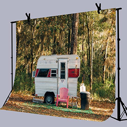 Camp Party Camping Backdrop 9x6ft Sunny Forest Camper Trailer Nature Scenery Photography Background Studio Photo Prop BJYYLU548 - size: vinyl-9x6ft