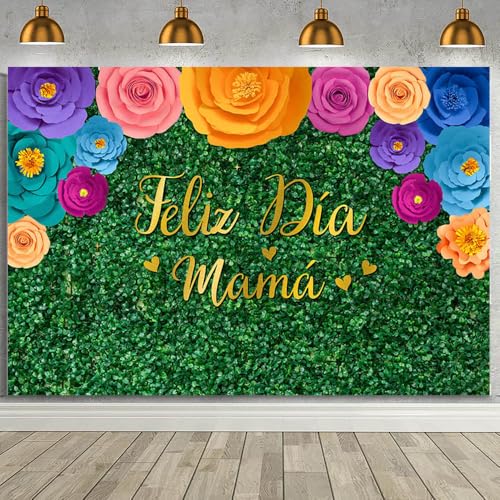 MEHOFOND 7x5ft Feliz Dia Mama Backdrop Happy Mother's Day Photography Background Mexican Fiesta Theme Paper Flower Mothers Day Party Decoration Banner Rustic Wood Feliz Dia De La Madre Decor Backdrop - color: Green