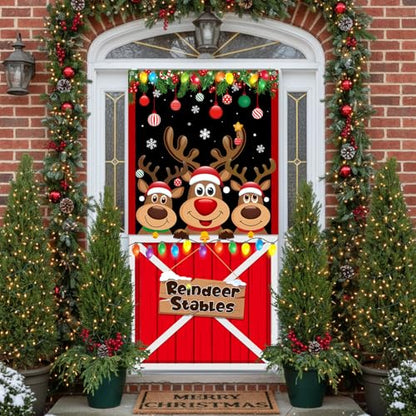 Irenare Christmas Door Cover Decorations Reindeer Stables Door Banner Christmas Elk Hanging Backdrop Banner Photo Booth Props for Xmas Winter Party Decorations Supplies, 70.9 x 35.4 Inch - style: Reindeer Stables