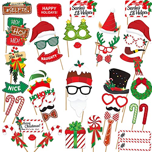 44Pcs Christmas Party Photo Booth with Stick Props Kit for Adults Kids for Christmas Theme Party Favors Decorations Decor Supplies,Funny Xmas Selfie Props… - size: 44