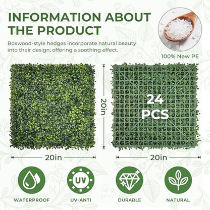 Artificial Grass Wall Panel Screen: 20"x20" 24P (67 sqft) UV-Anti Faux Boxwood Panels for Indoor Outdoor Green Wall Decor, Privacy Fence, Patio, Balcony, Party Backdrop - size: 20"x20" 24P