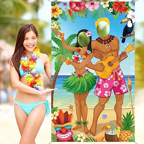 Capoda Hawaiian Party Decorations Luau Couple Photo Prop Hawaiian Photo Backdrop Background Tropical Beach Prop Couple Door Banner for Summer Luau Party Favors Supplies