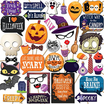 Halloween Photo Booth Props - 41-pc Kit With 8 x 10-Inch Sign, 60 Adhesive Pads, and 45 Sticks - Photobooth Decorations and Selfie Props