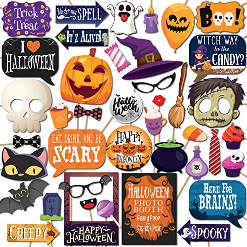 Halloween Photo Booth Props - 41-pc Kit With 8 x 10-Inch Sign, 60 Adhesive Pads, and 45 Sticks - Photobooth Decorations and Selfie Props
