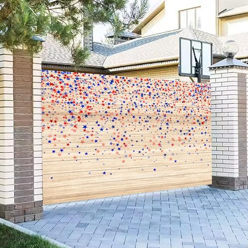 Independence Day Backdrop 10x5 FT 4th of July Backdrops Red and Blue Stars on Rustic Wood Boards Photography Patriotic Veterans Memorial Background Party Decor Banner Booth Props - color: Red 1, size: 10x5 FT