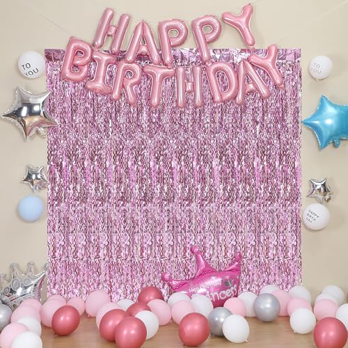 Pink Foil Fringe Curtain - Wavy Fringe Backdrop 3.3 x 6.6 Feet, Pack of 3 | Pink Streamers Party Decorations Birthday Decorations Valentine's Day Decoration Party Supplies - color: Pure Pink
