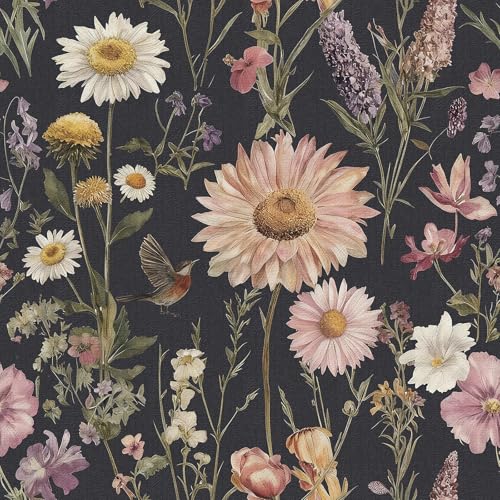 Livebor Dark Floral Peel and Stick Wallpaper Vintage Floral Contact Paper 16.9” x 118.1” Bird Flower Wallpaper Peel and Stick Boho Flower Self Adhesive Removable Wall Paper Decor for Cabinets Vinyl - color: B-Floral, size: 16.9" x 118.1"