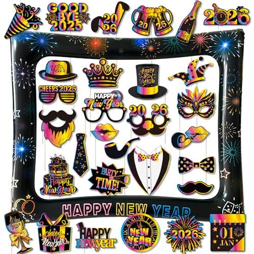 2026 New Year Photo Booth Inflatable Frame Kit, 30Pcs Colorful Neon New Years Photo Booth Props with Inflatable Picture Frame for New Year Eve Party Selfie Props Supplies - color: Colorful