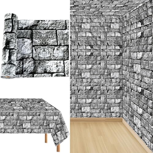 party greeting Stone Wall Tablecloth Roll 200FT x 51 Inch Disposable Brick Stone Plastic Table Covers Roll Castle Wall Backdrop for Halloween Western Birthday Medieval Party Decoration Favors Supplies
