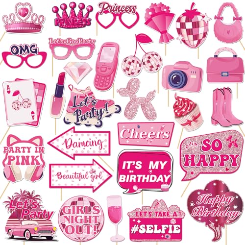30Pcs Pink Girl Birthday Photo Booth Props with Sticks,Hot Pink Girls Birthday Party Decoration Supplies for Girls Women Disco Night Bachelorette Party Photo Booth Props