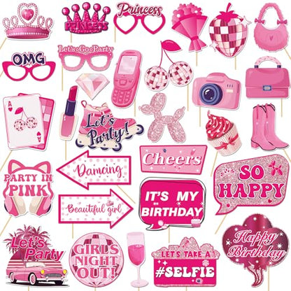 30Pcs Pink Girl Birthday Photo Booth Props with Sticks,Hot Pink Girls Birthday Party Decoration Supplies for Girls Women Disco Night Bachelorette Party Photo Booth Props