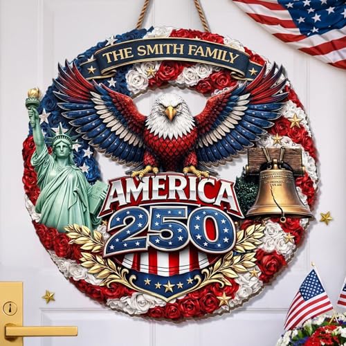 Personalized 250th Anniversary Patriotic Wood Wreath Door Sign 1776-2026, Custom Family Name Round Door Hanger, Independence Decor, Decoration Gifts, Gift For Mom, Dad, Brother, Family /18 - color: Design 18