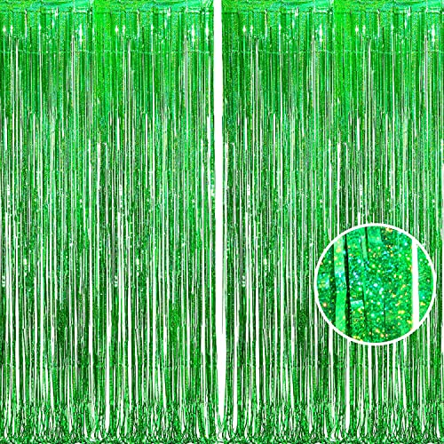 BRAVESHINE Green Party Streamers Backdrop - 2 Pack 3.2 x 8.2ft Metallic Tinsel Foil Fringe Curtains for St Patricks Day/Birthday/Hawaiian/Luau/Dinosaur/Football/Graduation/Christmas Party Decorations - color: Green