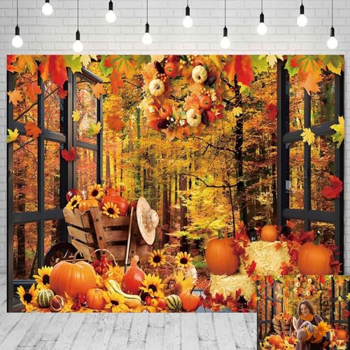 Fall Thanksgiving Backdrop for Photography 10x8ft Yellow Forest Maple Leaves Autumn Photo Backdrop Fall Baby Shower Birthday Party Decorations Studio Photo Booth Props - color: Fall Window 02
