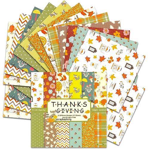 BLEDS Scrapbook Paper Pad 6x6, 24 Sheets Scrapbooking Paper One Single-Side Fall Scrapbooking Supplies For Craft Layout Junk Journal Card-Making Decorative Background - color: 6x6 Thanksgiving