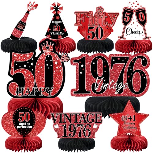 9Pcs 50th Birthday Decorations Red and Black 50th Birthday Party Decorations for Women,Happy 50 Years Vintage 1976 Aged Honeycomb Centerpieces Table Sign Decor Supplies - color: Red Black 50th