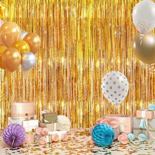 2Pack Gold Party Streamers, Gold Metallic Tinsel Streamers for Birthday Wedding Party Decors Graduation, Baby Shower, Photo Booth Props for Bachelorette Decors Xmas Halloween Party Supplies Backdrop - color: Gold