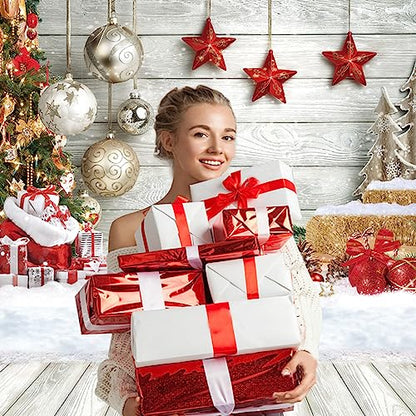 CHAIYA 8X8FT Christmas Backdrop White Wood Floor Photography Backdrop Winter Snow Xmas Tree Gift Family Party Background New Year Party Decoration Backdrop - size: 8′x8′