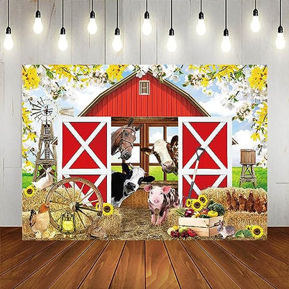 Spring Farm House Photography Backdrop 7x5ft Animals Red Rustic Barn Birthday Background Party Decorations for Kids Farm Theme Baby Shower Banner Photo Booth Props - size: 7x5ft