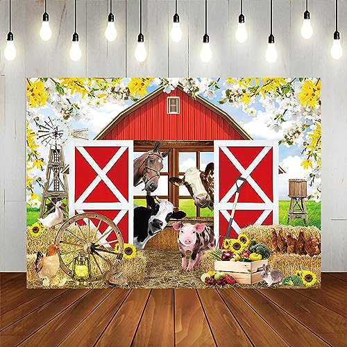 Spring Farm House Photography Backdrop 8x6ft Animals Red Rustic Barn Birthday Background Party Decorations for Kids Farm Theme Baby Shower Banner Photo Booth Props - size: 8x6ft