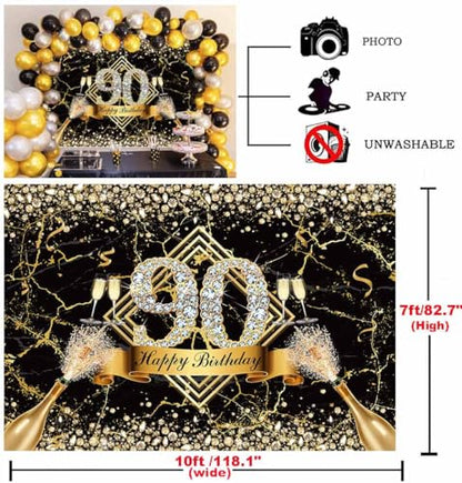 Sensfun Happy 90th Birthday Backdrop Black Gold Glitter Marble Diamond Photography Background Women Men Fabulous 90th Birthday Decorations 90 Years Old Birthday Party Banner Photo Studio Props 10x7ft - size: 10x7ft