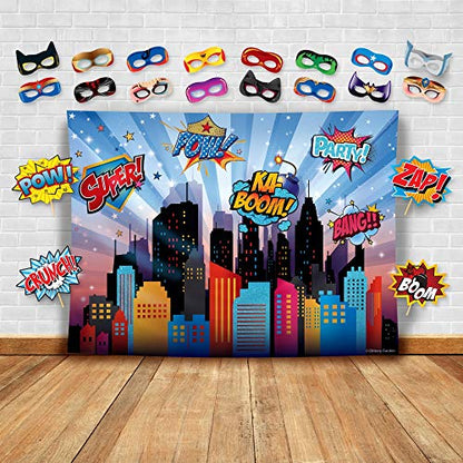 Wonder Woman and Other Superheroes Cityscape Photography Backdrop, Studio Props & Mask. Great as Super Hero City Photo Booth Background – Girl Birthday Party & Event Decorations - size: 4.5*6.0 feet