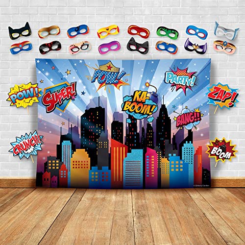 Wonder Woman and Other Superheroes Cityscape Photography Backdrop, Studio Props & Mask. Great as Super Hero City Photo Booth Background – Girl Birthday Party & Event Decorations - size: 4.5*6.0 feet