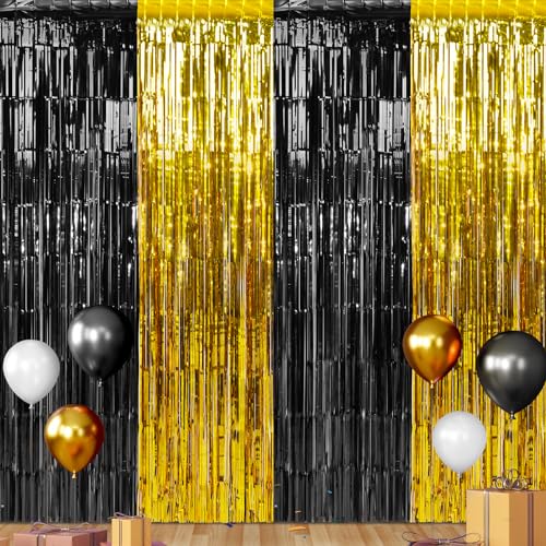 6Pack 3.3Ft x 6.6Ft Graduation Foil Fringe Curtain Backdrop Decorations, Black Gold Metallic Tinsel Foil Streamers Curtain Photo Booth Background for Graduation Prom Wedding Birthday Party Decorations - color: Black Gold