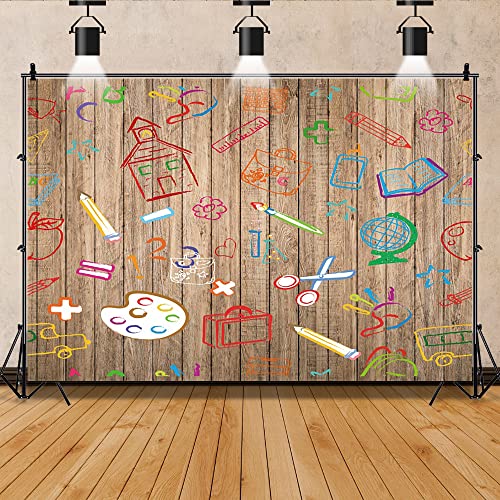 Renaiss 5x3ft Welcome Back to School Backdrop Cute Colorful School Supplies Hand Painted Wood Wall Background Photography Baby Shower Birthday Classroom Kindergarten Decor Wallpaper Portrait Banner - color: WSNWH16792, size: 5x3ft