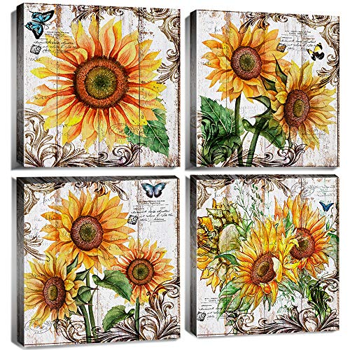Farmhouse Sunflower Wall Art Bathroom Decor Sunflower Pictures for Kitchen Bedroom Vintage Yellow Flower Painting Canvas Prints Floral Botanical Posters Artwork Living Room Home Decoration 12x12" 4Pcs - color: Sunflower, size: 12"l X 12"w