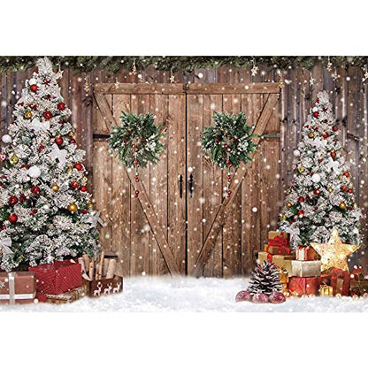 8x6FT Polyester Fabric Winter Christmas Rustic Barn Wood Door Photography Backdrop Xmas Tree Snow Background Banner for Family Holiday Party Decoration Supplies Photo Studio Props Pictures - size: 8'x6'