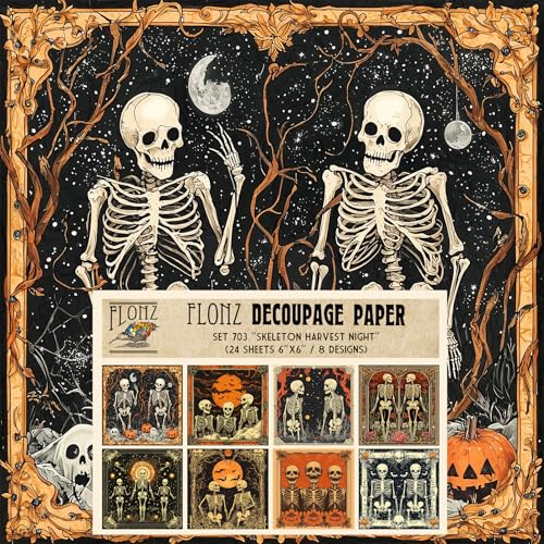 Decoupage Paper Pack (24 Sheets 6"x6") Skeleton Harvest Night ~ Detailed Vintage-Style Skeleton compositions with Pumpkins, Moons and Occult Motifs in Sepia and Black - color: FourtyEight