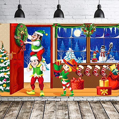 Blulu Merry Christmas Backdrop for Photography Scene Setters Banner Welcome Winter Snow Decorative Xmas Background for Wall Decoration Photo Props (Christmas Elves Green Backdrop) - color: Green Christmas Elves