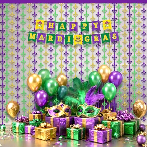 OQOQ Mardigras Decor Backdrops Kit, 2 Pcs Purple Green Gold Fleur De Lis Tinsel Foil Curtains & 1 Set Paper Banner Large Photo Booth Props Carnival Party Fat Tuesday Celebration Supplies - color: Purple Green Gold