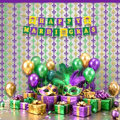 OQOQ Mardigras Decor Backdrops Kit, 2 Pcs Purple Green Gold Fleur De Lis Tinsel Foil Curtains & 1 Set Paper Banner Large Photo Booth Props Carnival Party Fat Tuesday Celebration Supplies - color: Purple Green Gold