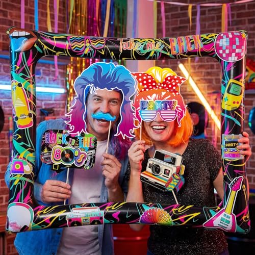 80s Inflatable Photo Frame & Props, 30Pcs Back to The 80s Photo Booth Props with Inflatable Selfie Picture Frame for 1980s Throwback Birthday Party Supplies - color: 80s