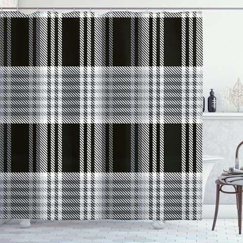 Ambesonne Plaid Shower Curtain, Monochrome Artwork of Traditional Tartan Motives in Achromatic Colors, Cloth Fabric Bathroom Decor Set with Hooks, 69" W x 70" L, Off White Charcoal Grey - color: Off White Charcoal Grey, size: 69" W x 70" L