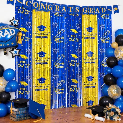 3pcs 2026 Graduation Decorations Blue and Gold Class of 2026 Party Supplies - 9.9ft X 6.6ft Fringe Curtain Graduation Backdrop and Balloons Kit for College High School Photo Booth - color: Blue, Gold
