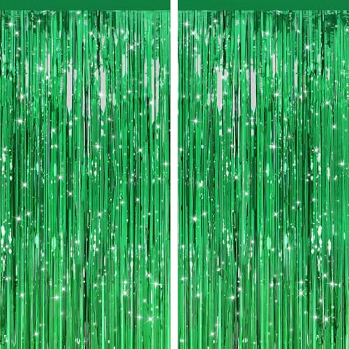 2 Pack Green Streamers Backdrop Jungle Party Decorations Green Foil Fringe Backdrop Curtains Photo Booth Backdrop for Birthday Dinosaur Animal St Patrick's Day Football Xmas Graduation Party Decors - color: Green