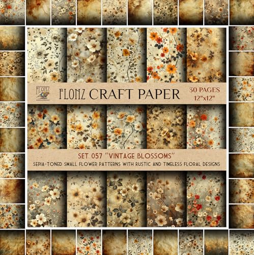 Scrapbook Paper (30 Pages 12"x12") Vintage Blossoms: Sepia-Toned Small Flower Patterns with Rustic and Timeless Floral Designs FLONZ Vintage Styled Double Sided Paper Pad for Craft Cardmaking