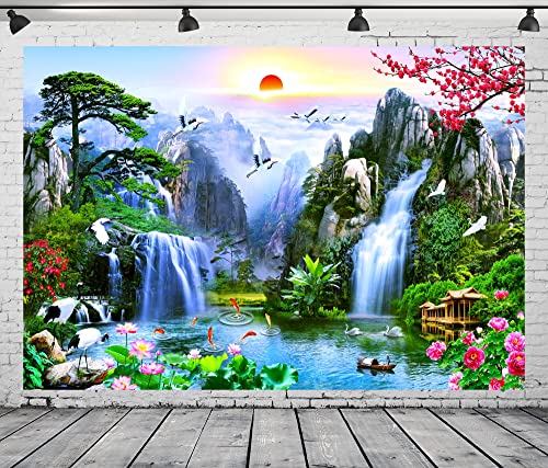 BELECO 10x8ft Fabric Fairyland Mountain Lake Photography Backdrop Waterfalls Swans Fish Flowers Dreamy Natural Landscape Painting Background Wall Murals Home Decor Kids Adults Portrait Photoshoot - size: 10x8FT