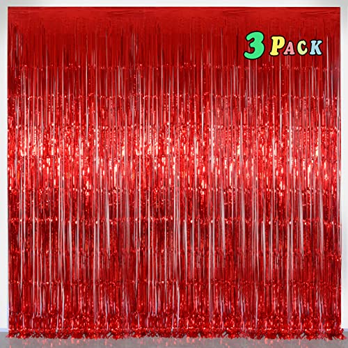 Red Party Streamers Decorations Happy Mothers Day 3 Pack 3.2 x 8.2 ft Shiny Fringe Curtain for Birthday Party Decor, Red Streamers Backdrop, Valentines Day Decorations (Pure Red) - color: Pure red