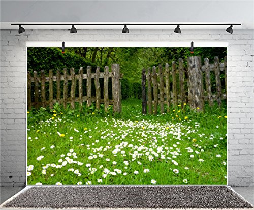 AOFOTO 10x7ft Spring Garden Daisy Flower Backdrop Rustic Wood Fence Summer Meadow Photography Background Forest Wonderland Grass Florets Country Hiking Suburb Picnic Girl Boy Scouts Photo Studio Props - size: 10x7ft